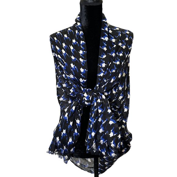 Unbranded Scarf Womens Long Rectangle Blue White Houndstooth Lightweight Fringe - Picture 2 of 7